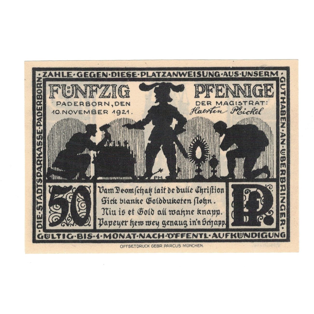 Nota, Alemanha, Paderborn Evangelische Kirchenkasse, 50 Pfennig, Eglise, 1921