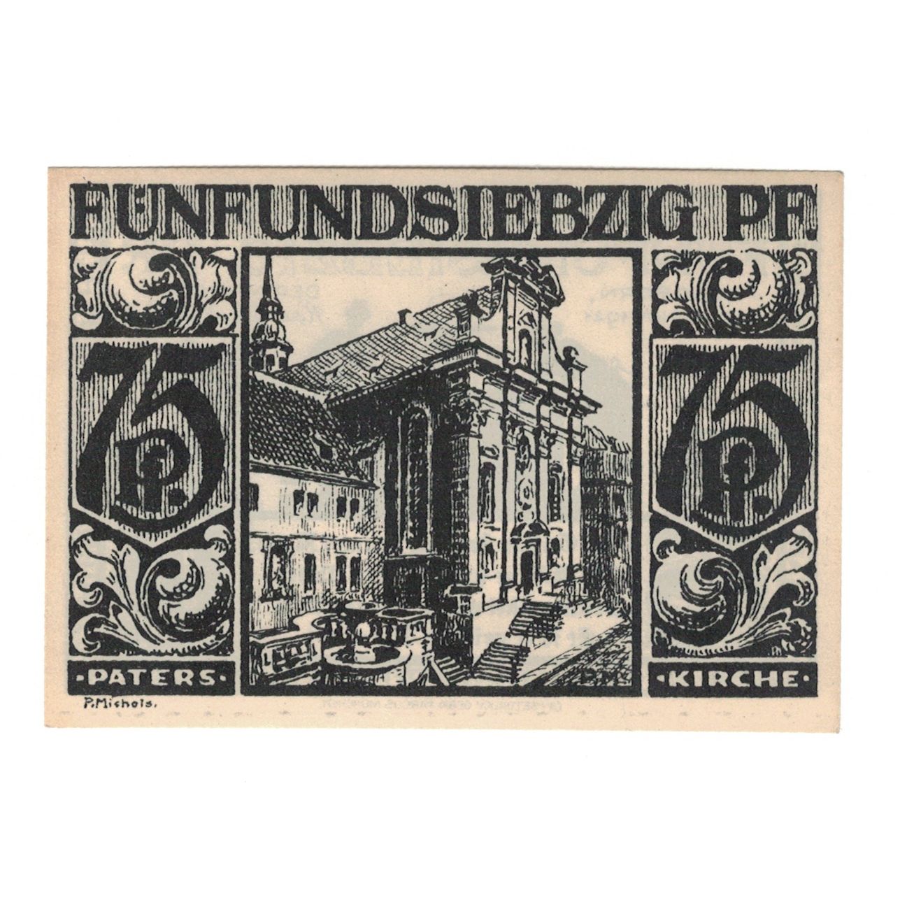 Nota, Alemanha, Paderborn Evangelische Kirchenkasse, 75 Pfennig, Eglise, 1921