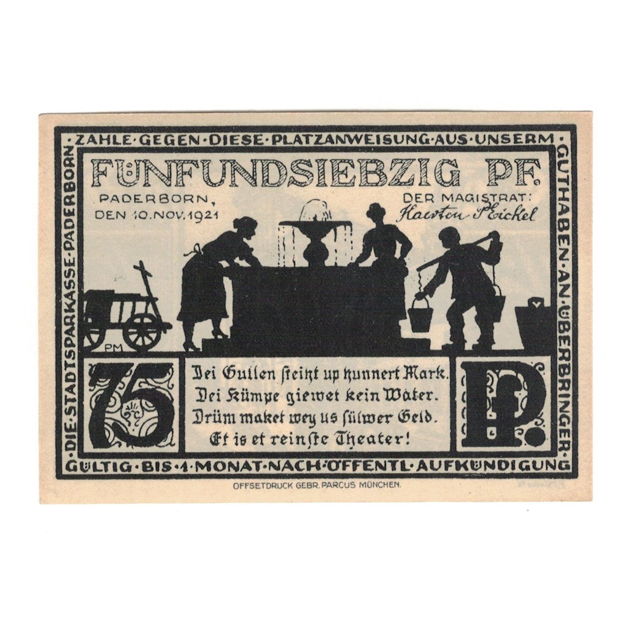 Nota, Alemanha, Paderborn Evangelische Kirchenkasse, 75 Pfennig, Eglise, 1921