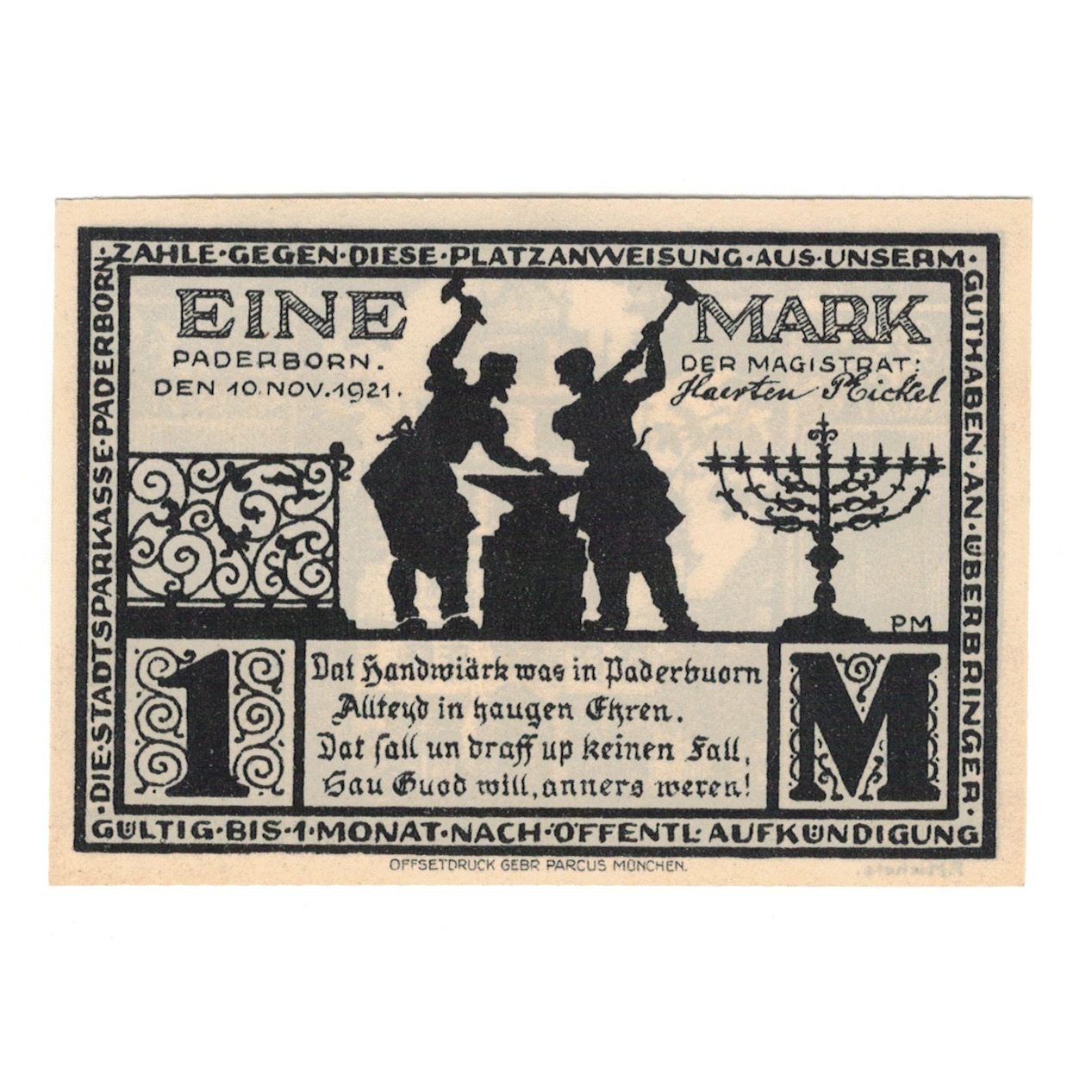 Nota, Alemanha, Paderborn Evangelische Kirchenkasse, 1 Mark, Batiment, 1921