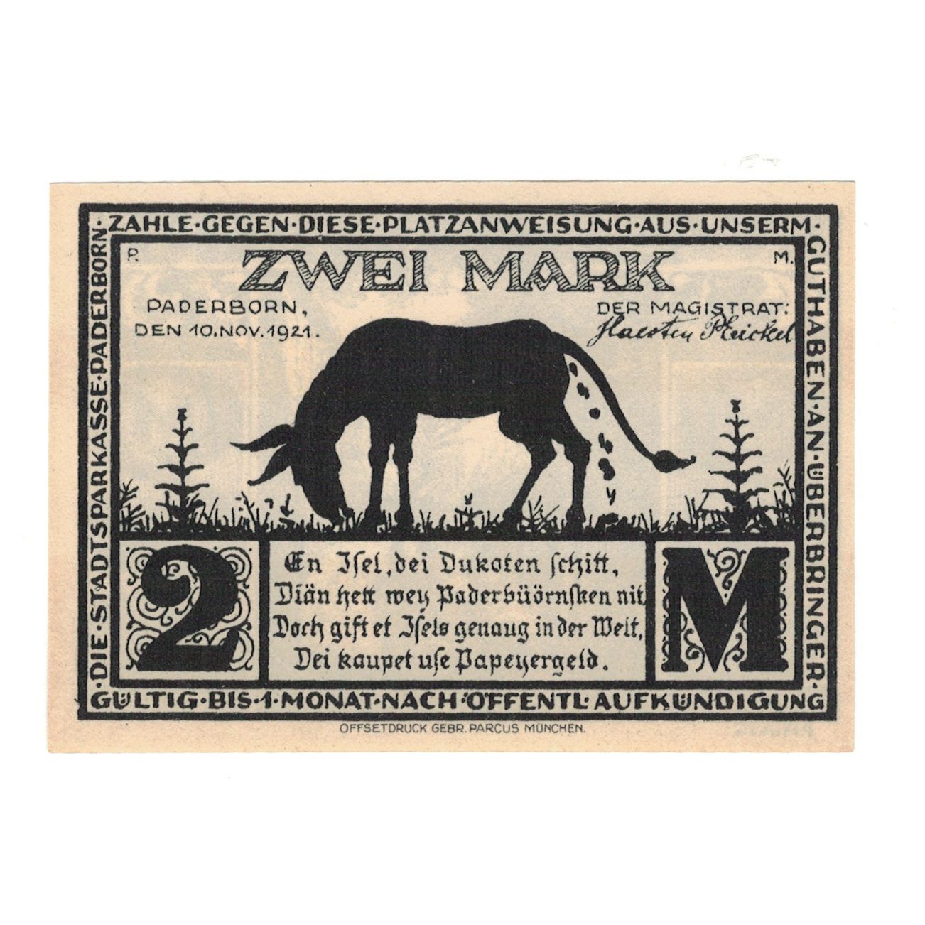 Billet, Allemagne, Paderborn Evangelische Kirchenkasse, 2 Mark, rue, 1921