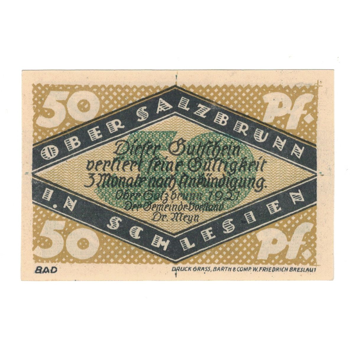 Billete, Alemania, Ober-Salzbrunn Gemeinde, 50 Pfennig, château, 1921, UNC