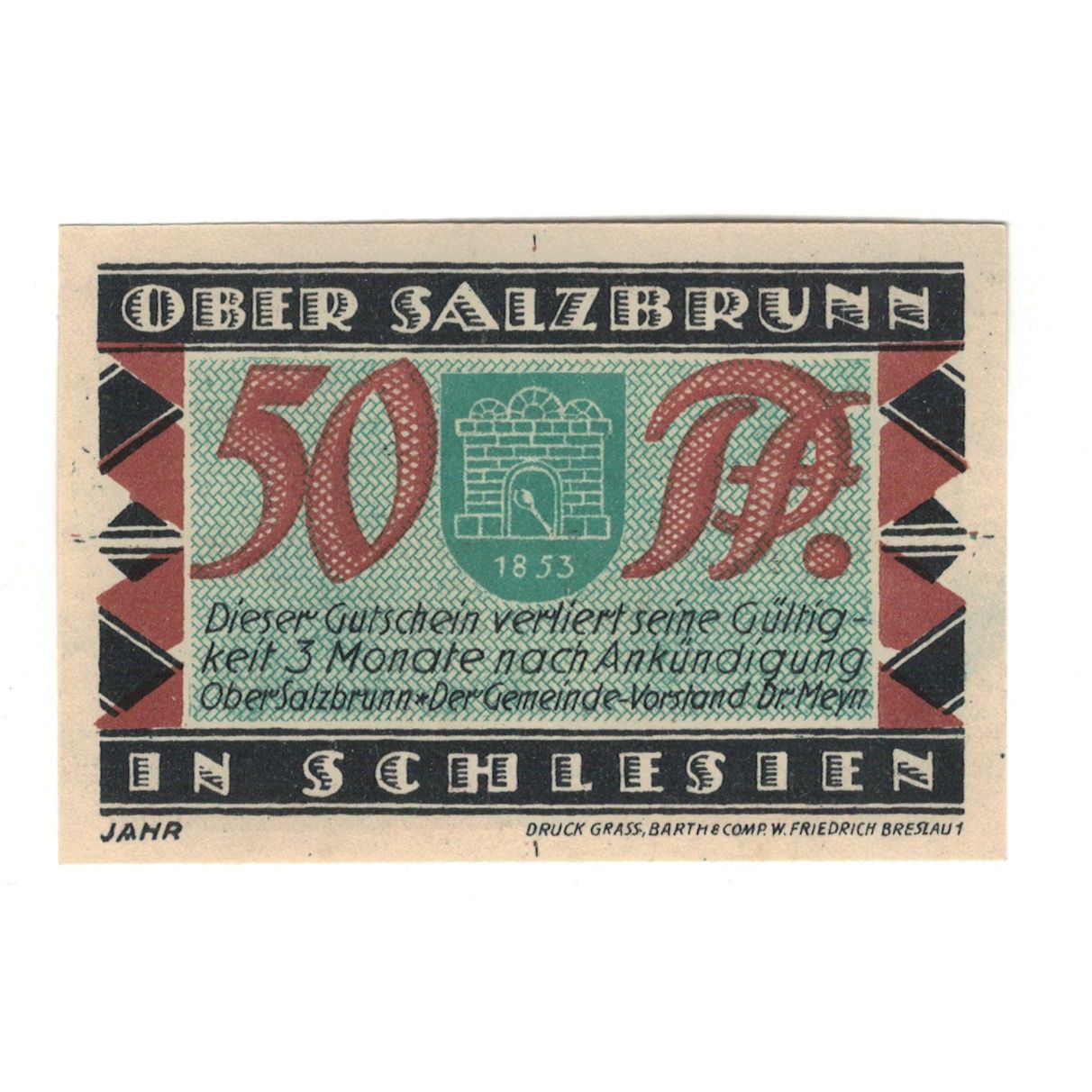Billete, Alemania, Ober-Salzbrunn Gemeinde, 50 Pfennig, Maison, 1921, UNC