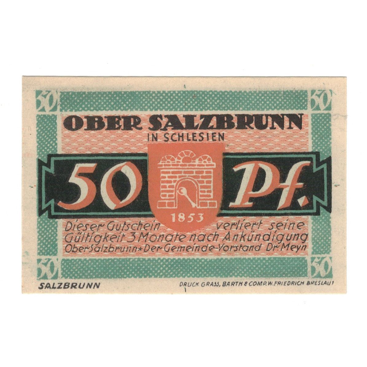 Billete, Alemania, Ober-Salzbrunn Gemeinde, 50 Pfennig, personnage, 1921, UNC