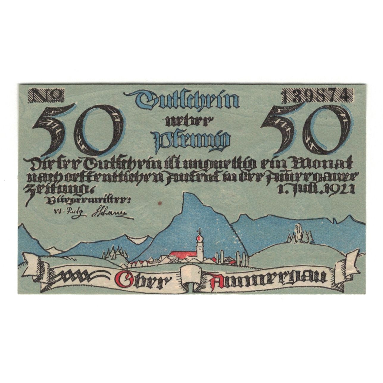 Billete, Alemania, Oberammergau Gemeinde, 50 Pfennig, valeur faciale, 1921, UNC