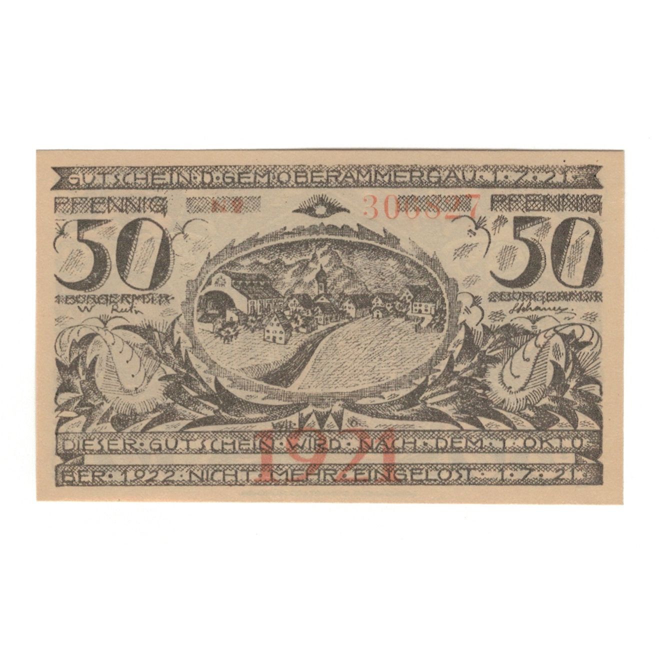 Biljet, Duitsland, Oberammergau Gemeinde, 50 Pfennig, valeur faciale, 1921