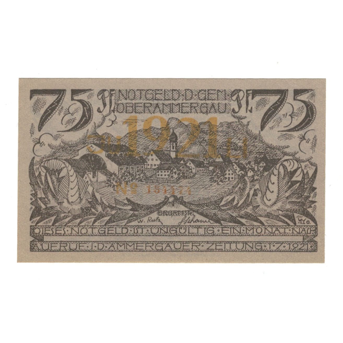 Billete, Alemania, Oberammergau Gemeinde, 75 Pfennig, valeur faciale, 1921, UNC
