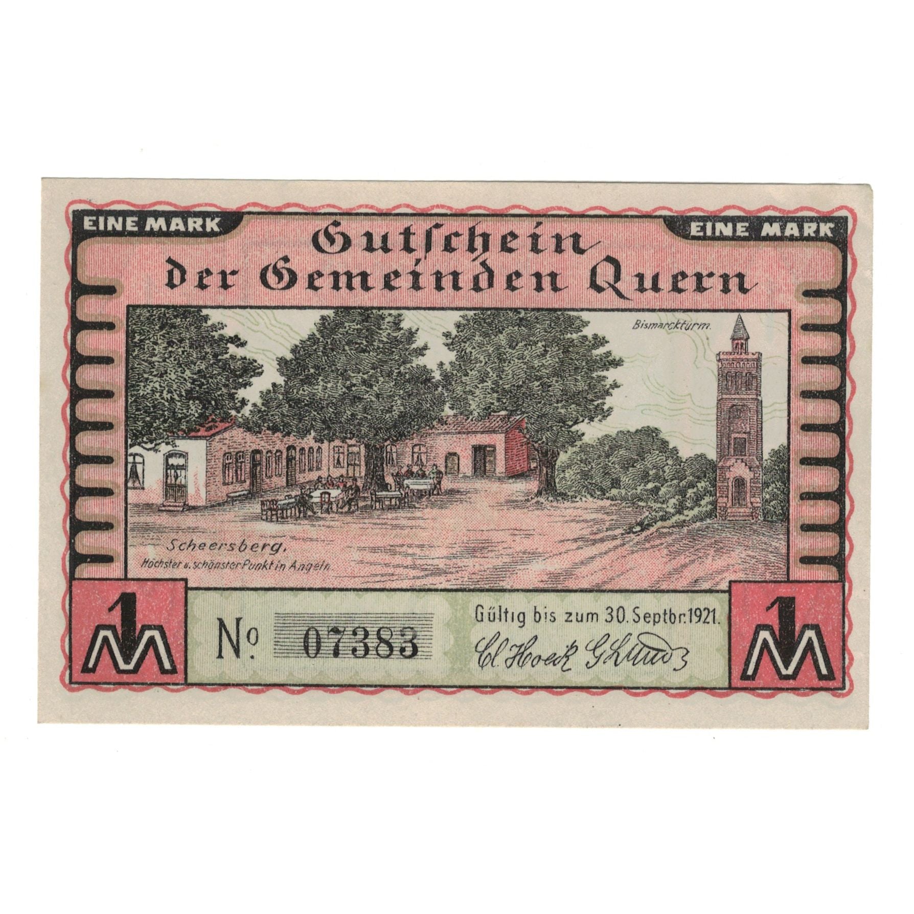 Billet, Allemagne, Quern Gemeinde, 1 Mark, paysage, 1921, 1921-09-30, NEUF