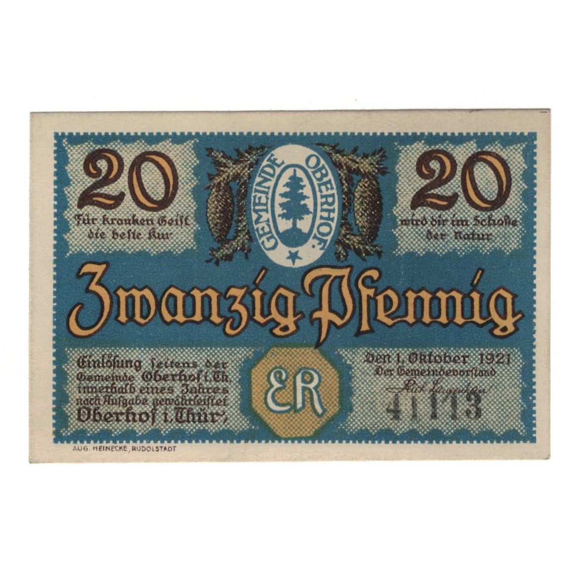 Banknot, Niemcy, Oberhof Gemeinde, 20 Pfennig, cascade, 1921, 1921-10-01