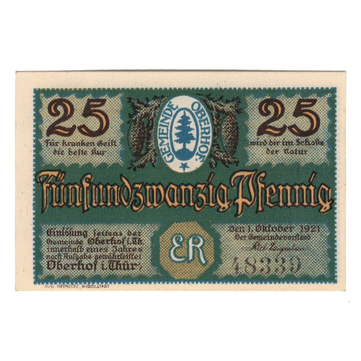 Banknote, Germany, Oberhof Gemeinde, 25 Pfennig, personnage, 1921, 1921-10-01
