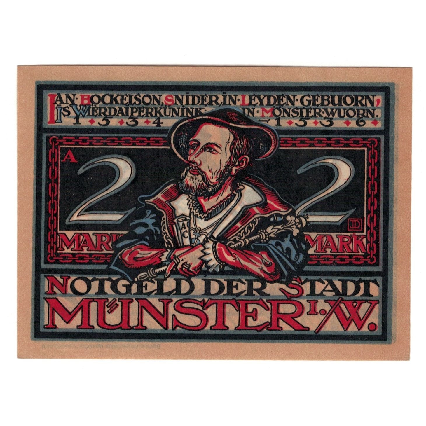 Billet, Allemagne, Munster, 2 Mark, personnage, 1921, 1921-08-01, NEUF