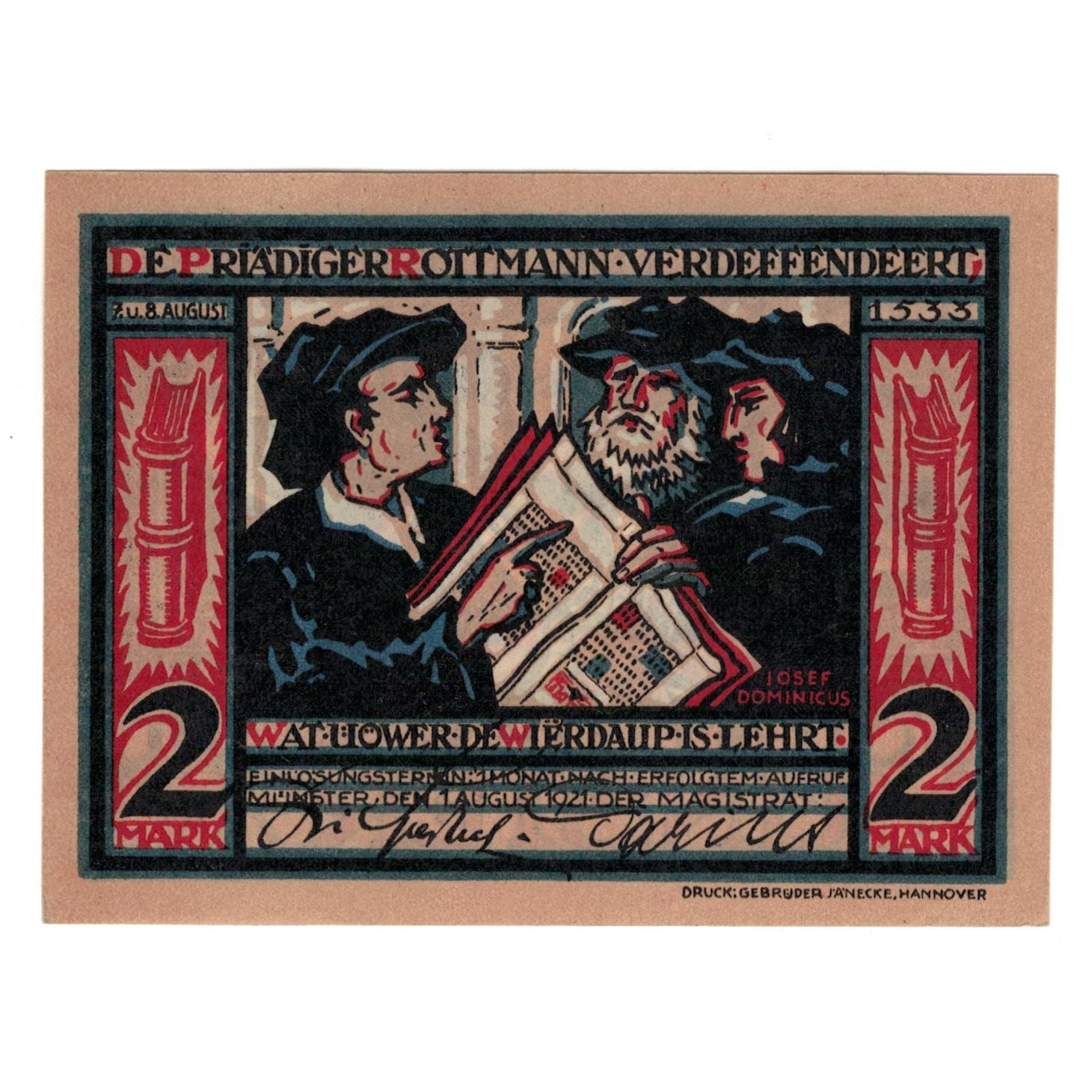 Billet, Allemagne, Munster, 2 Mark, personnage, 1921, 1921-08-01, NEUF