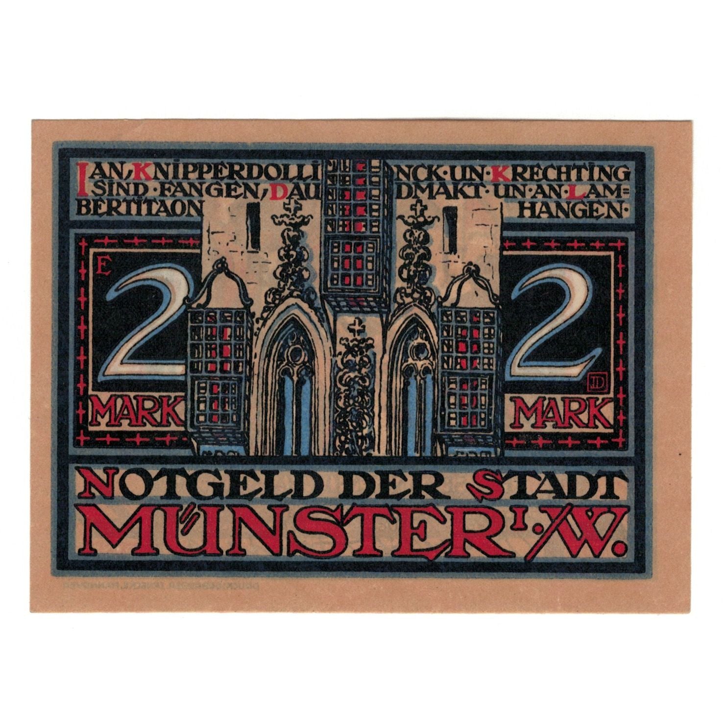 Banknote, Germany, Munster, 2 Mark, personnage 1, 1921, 1921-08-01, UNC(65-70)