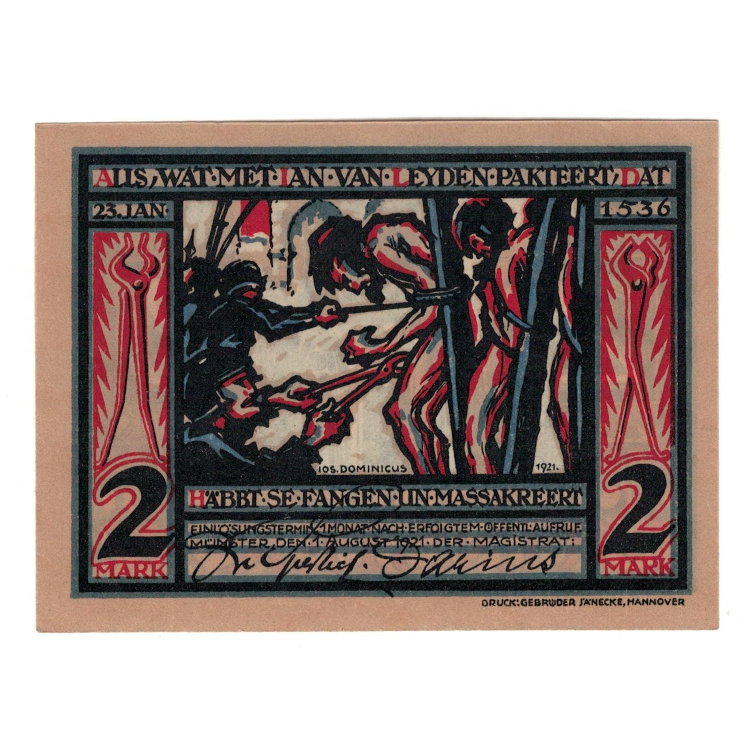 Banknote, Germany, Munster, 2 Mark, personnage 1, 1921, 1921-08-01, UNC(65-70)