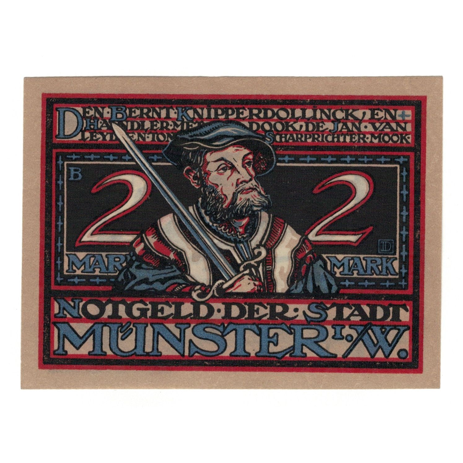 Banknot, Niemcy, Munster, 2 Mark, personnage 3, 1921, 1921-08-01, UNC(65-70)