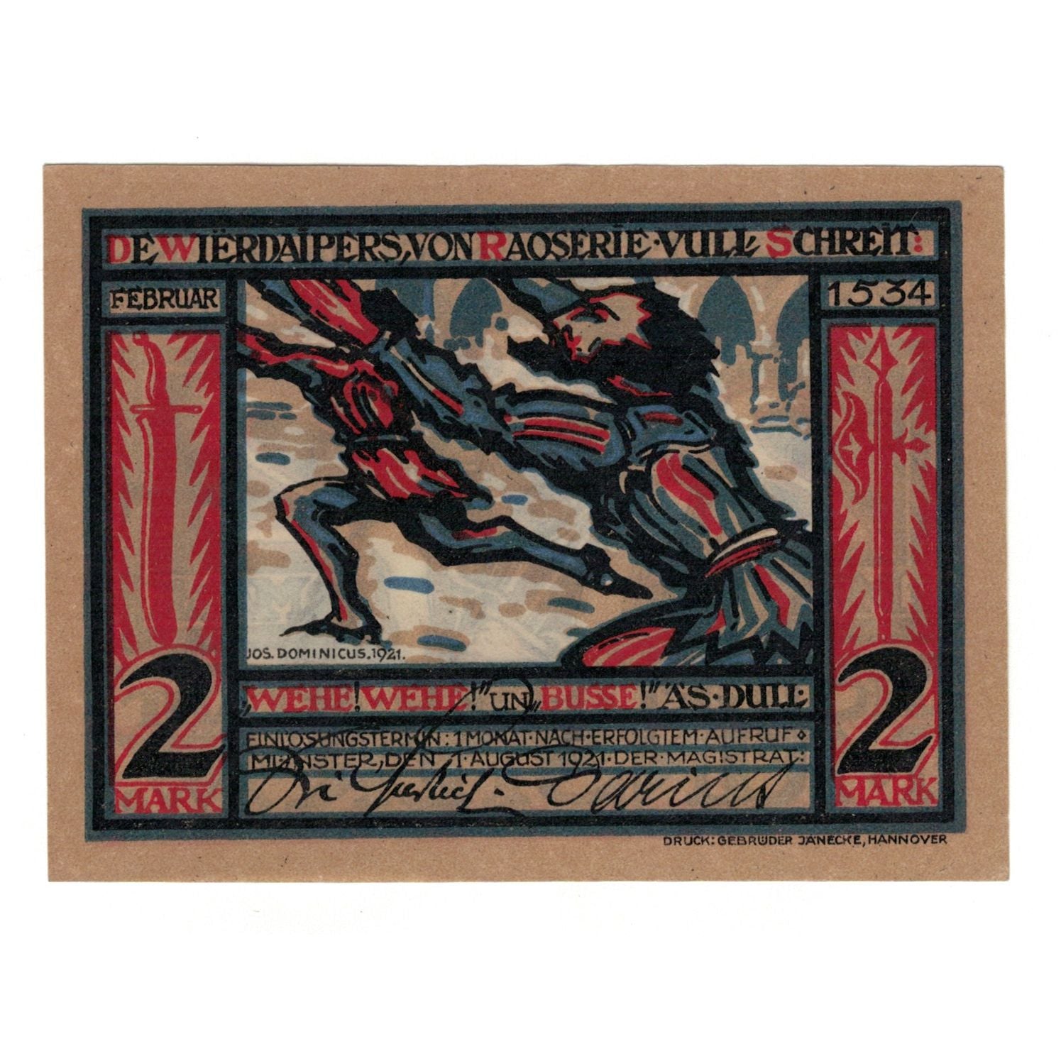 Banknot, Niemcy, Munster, 2 Mark, personnage 3, 1921, 1921-08-01, UNC(65-70)