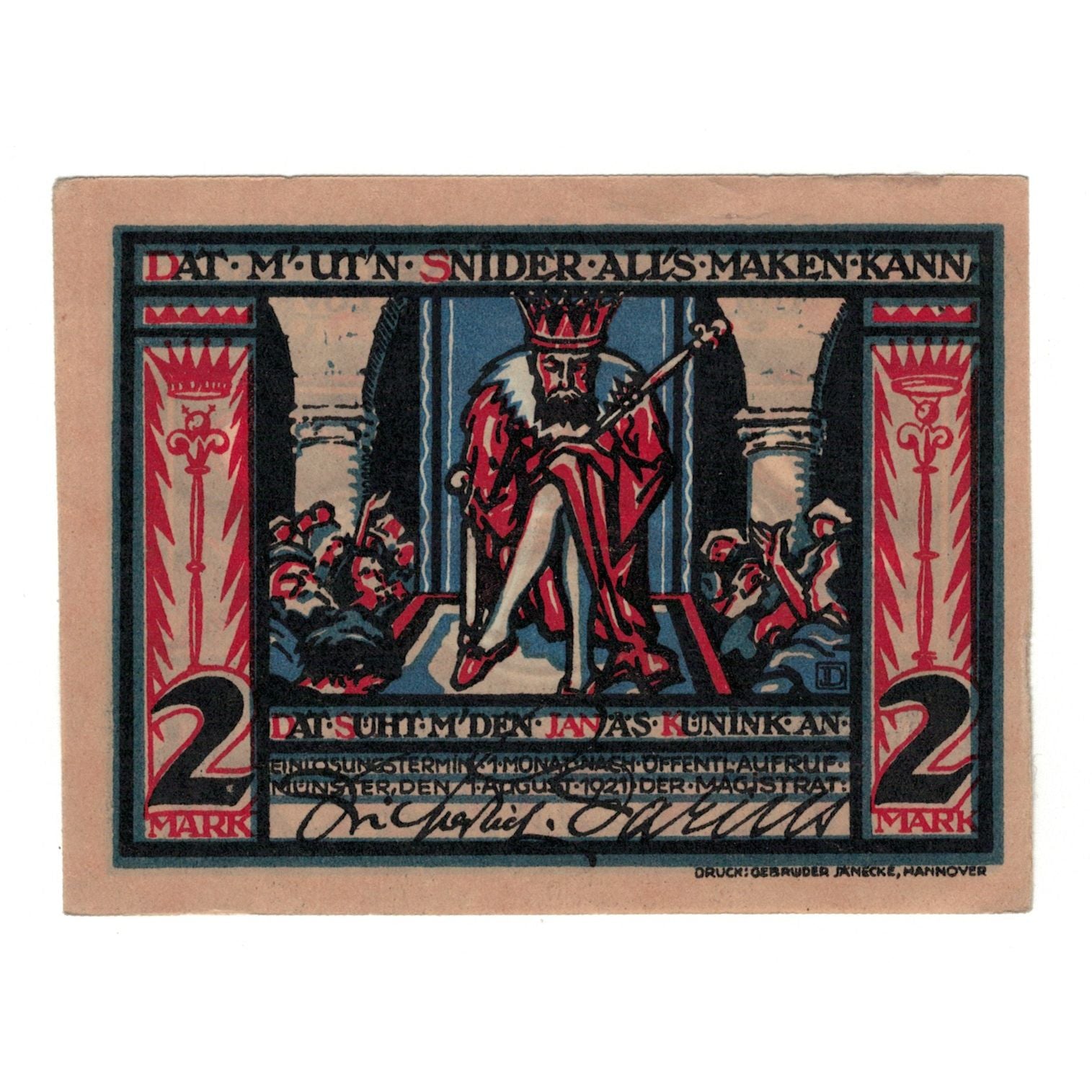 Banknote, Germany, Munster, 2 Mark, personnage 4, 1921, 1921-08-01, UNC(65-70)