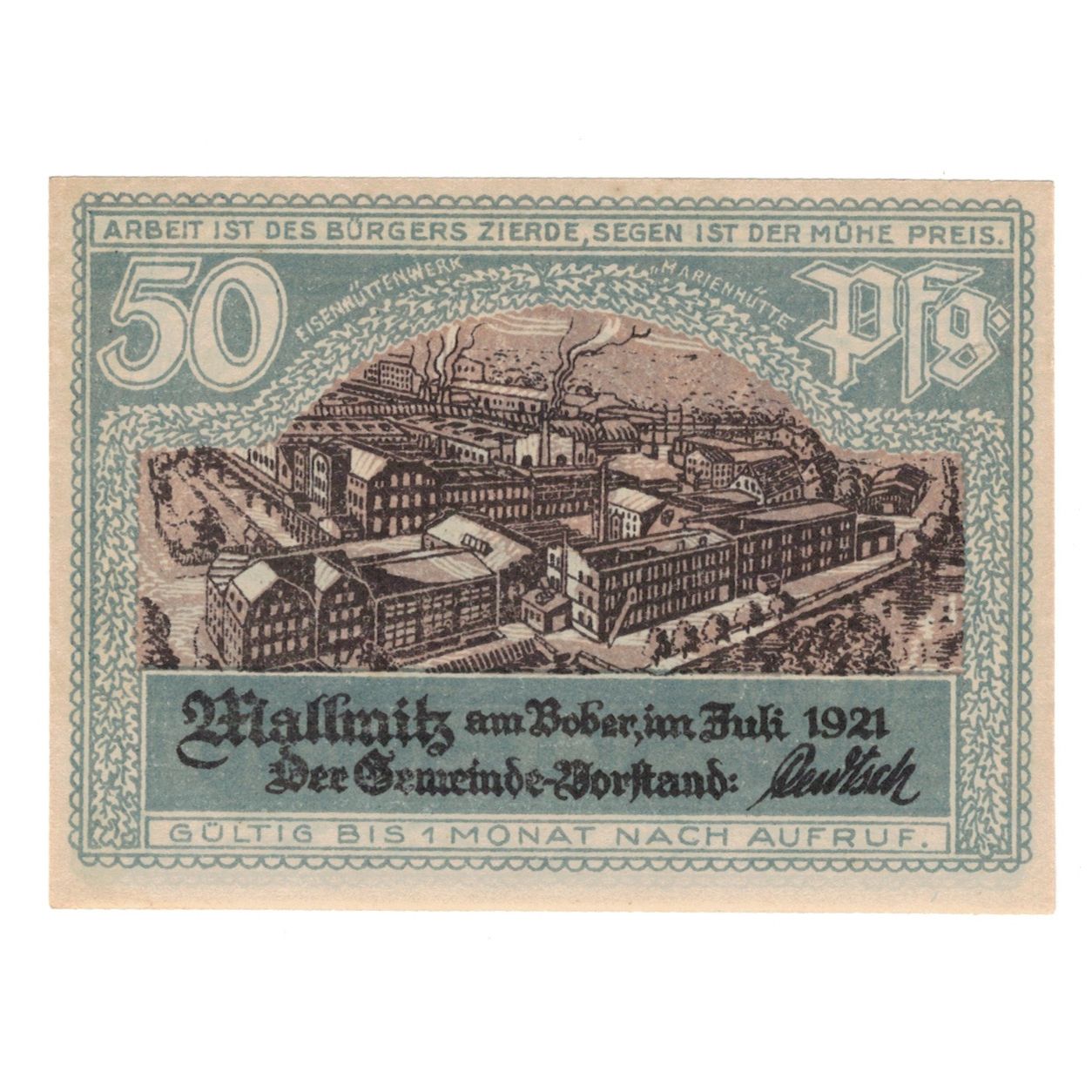 Banknote, Germany, Mallmitz, 50 Pfennig, Monument, 1921, UNC(65-70), Mehl:865.1