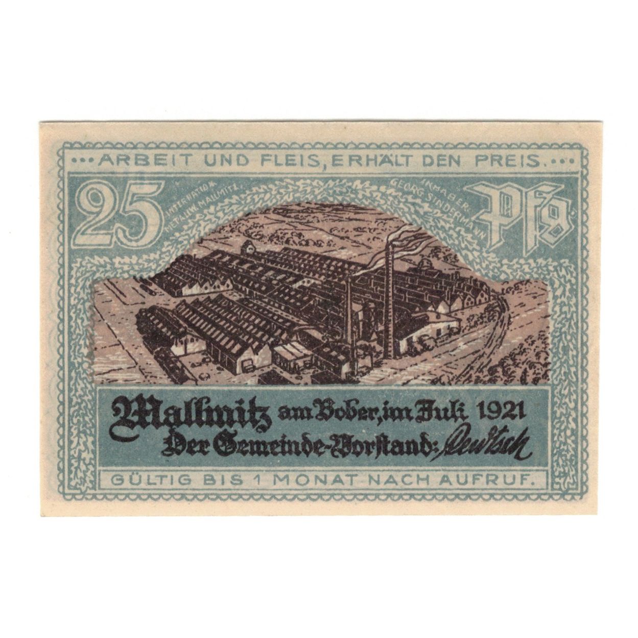 Banknote, Germany, Mallmitz, 25 Pfennig, monument 1, 1921, UNC(65-70)