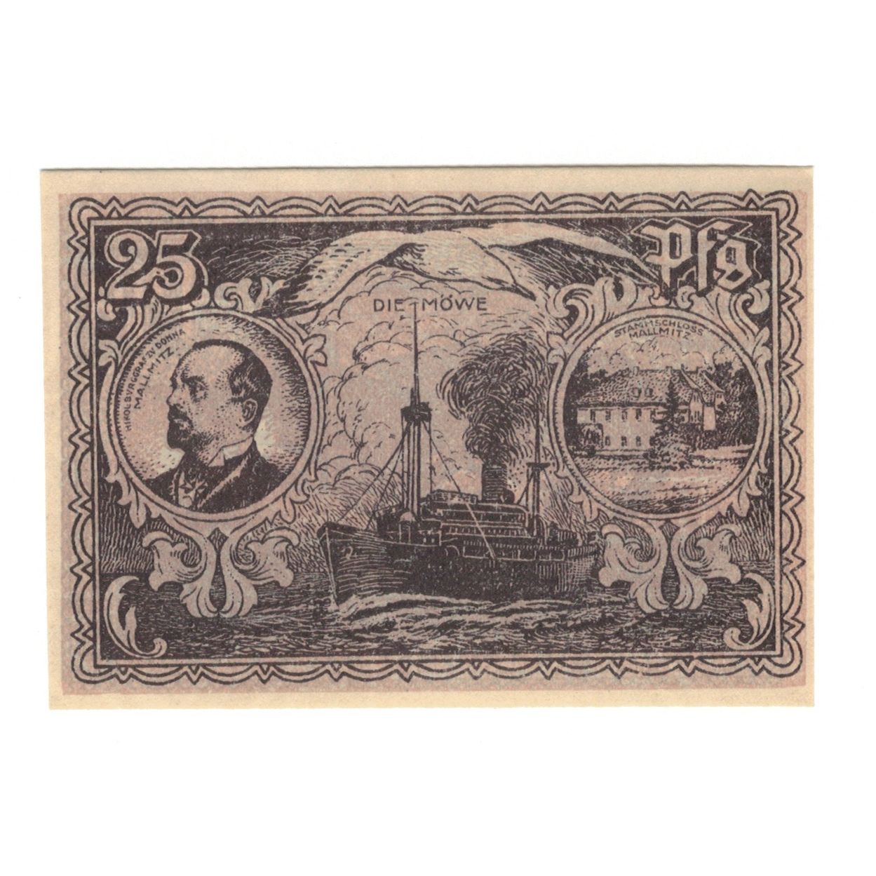 Banknote, Germany, Mallmitz, 25 Pfennig, monument 1, 1921, UNC(65-70)