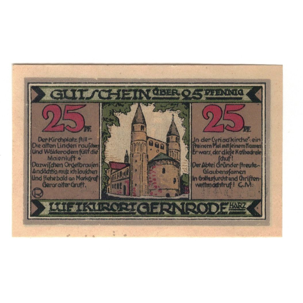 Banknote, Germany, Gernrode a.H. Stadt, 25 Pfennig, château, 1921, 1921-05-09