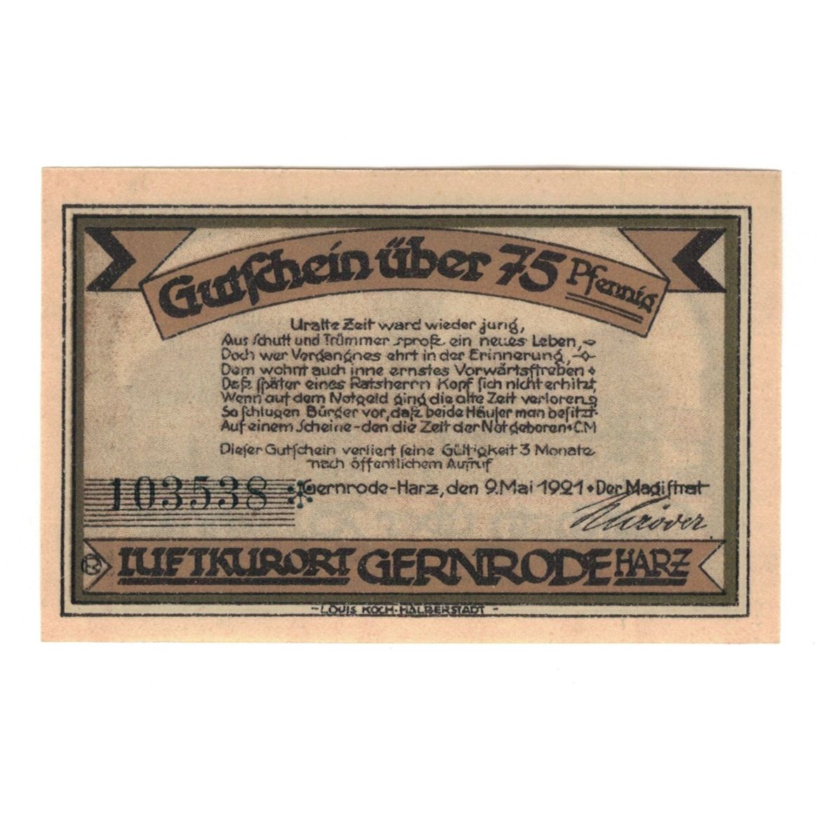 Banknote, Germany, Gernrode a.H. Stadt, 75 Pfennig, village 2, 1921, 1921-05-09