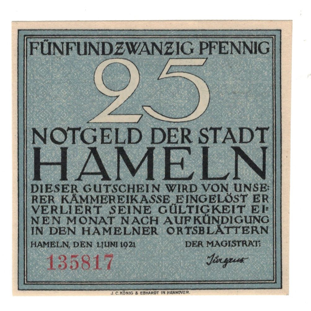 Banknote, Germany, Hameln Stadt, 25 Pfennig, personnage, 1921, 1921-09-01