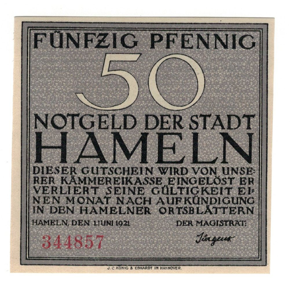 Banconote, Germania, Hameln Stadt, 50 Pfennig, personnage, 1921, 1921-09-01