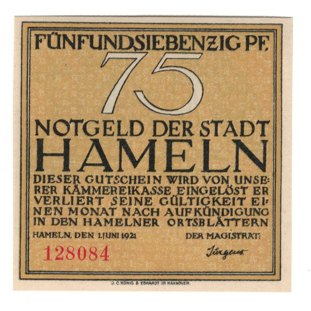 Banknote, Germany, Hameln Stadt, 75 Pfennig, personnage, 1921, 1921-09-01