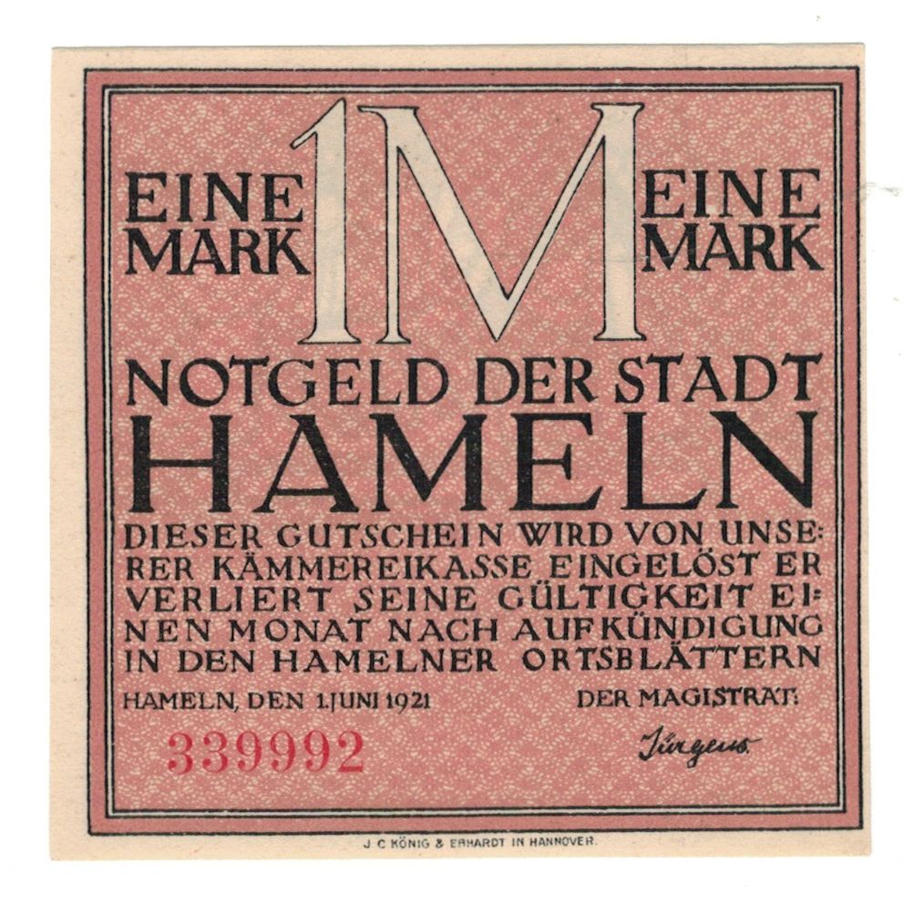 Banknote, Germany, Hameln Stadt, 1 Mark, personnage, 1921, 1921-09-01