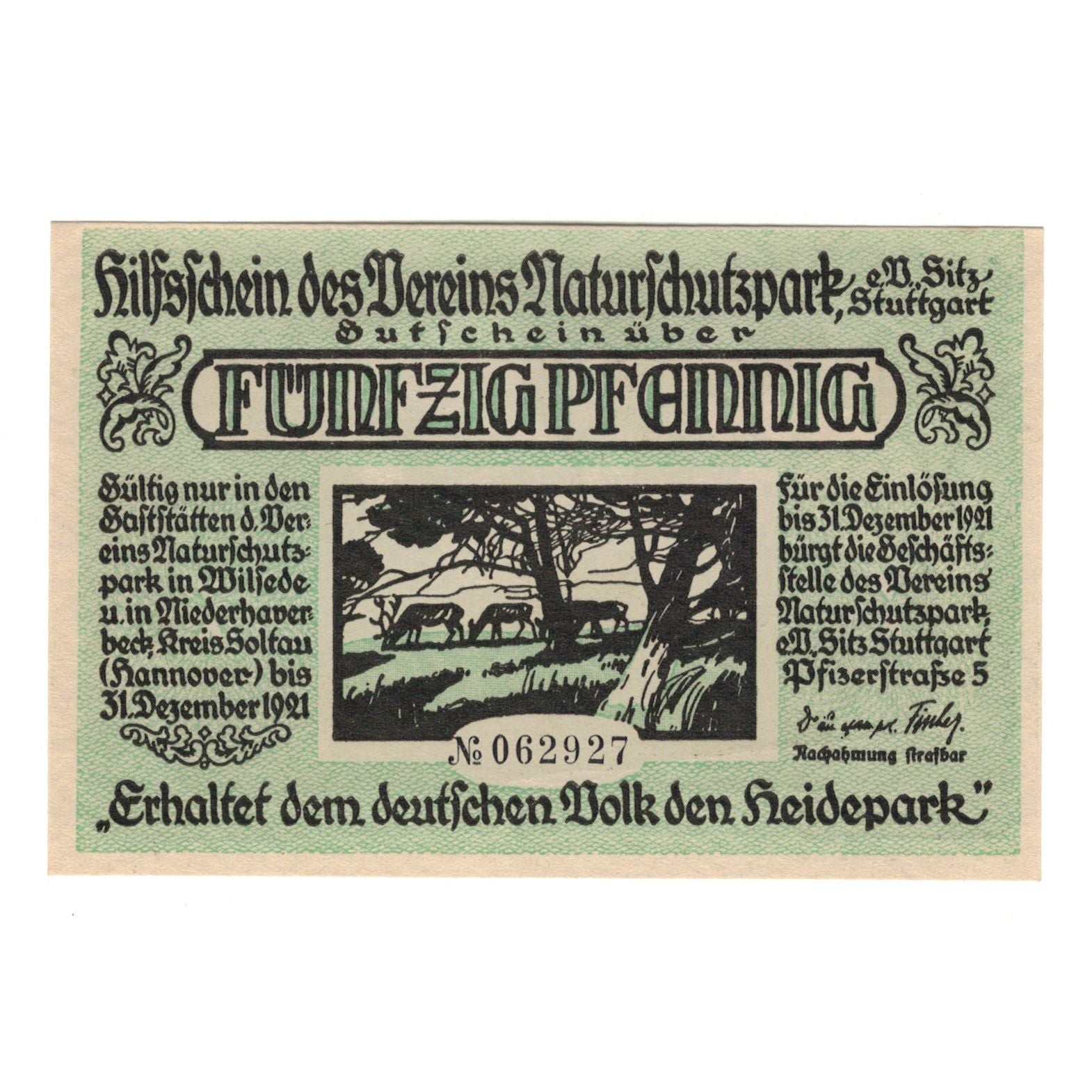 Banknote, Germany, Stuttgart Verein Naturschutzpark e.V., 1/2 Mark, personnage