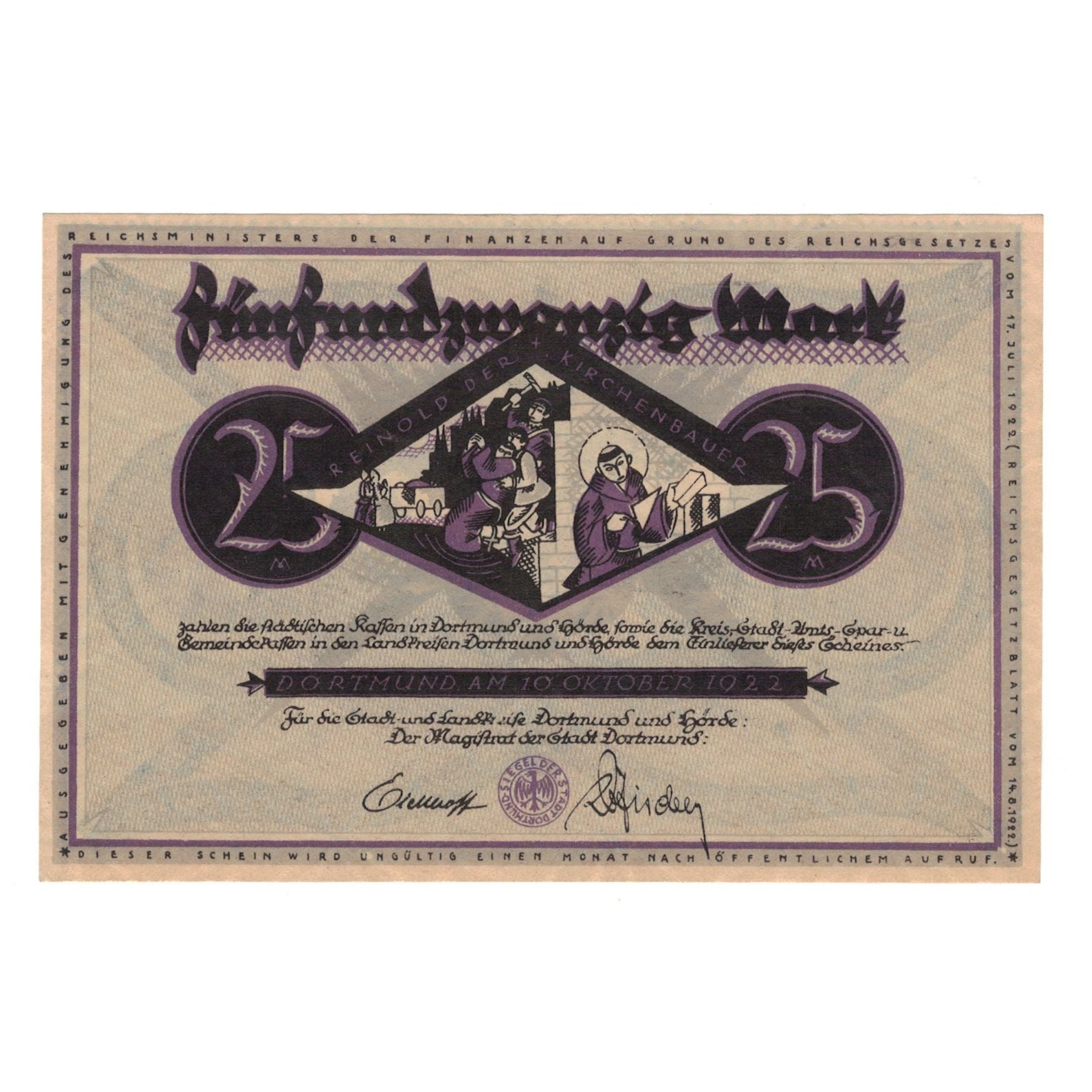 Banknote, Germany, Dortmund und Hörde Stadt und Landkreise, 25 Pfennig