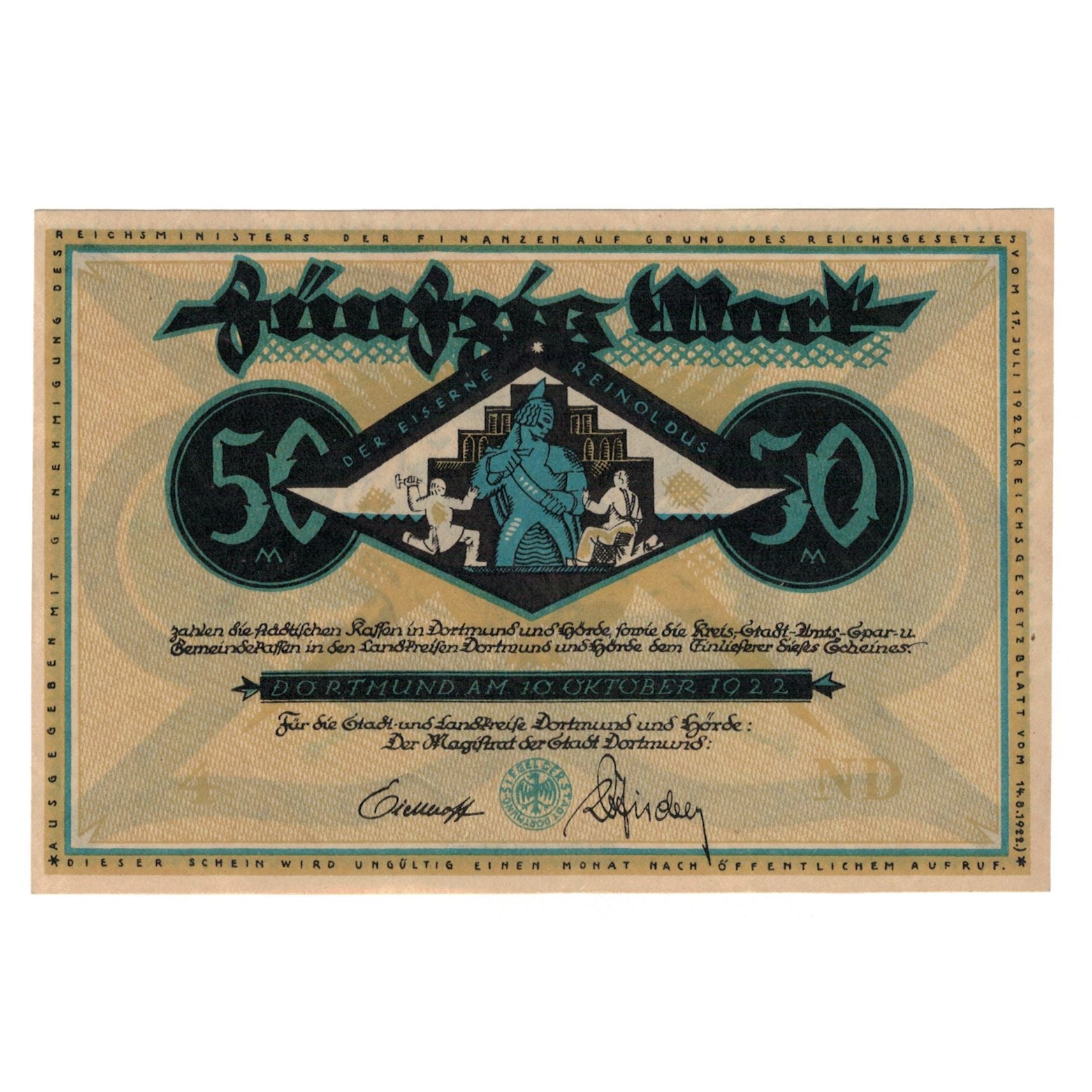 Banknote, Germany, Dortmund und Hörde Stadt und Landkreise, 50 Pfennig