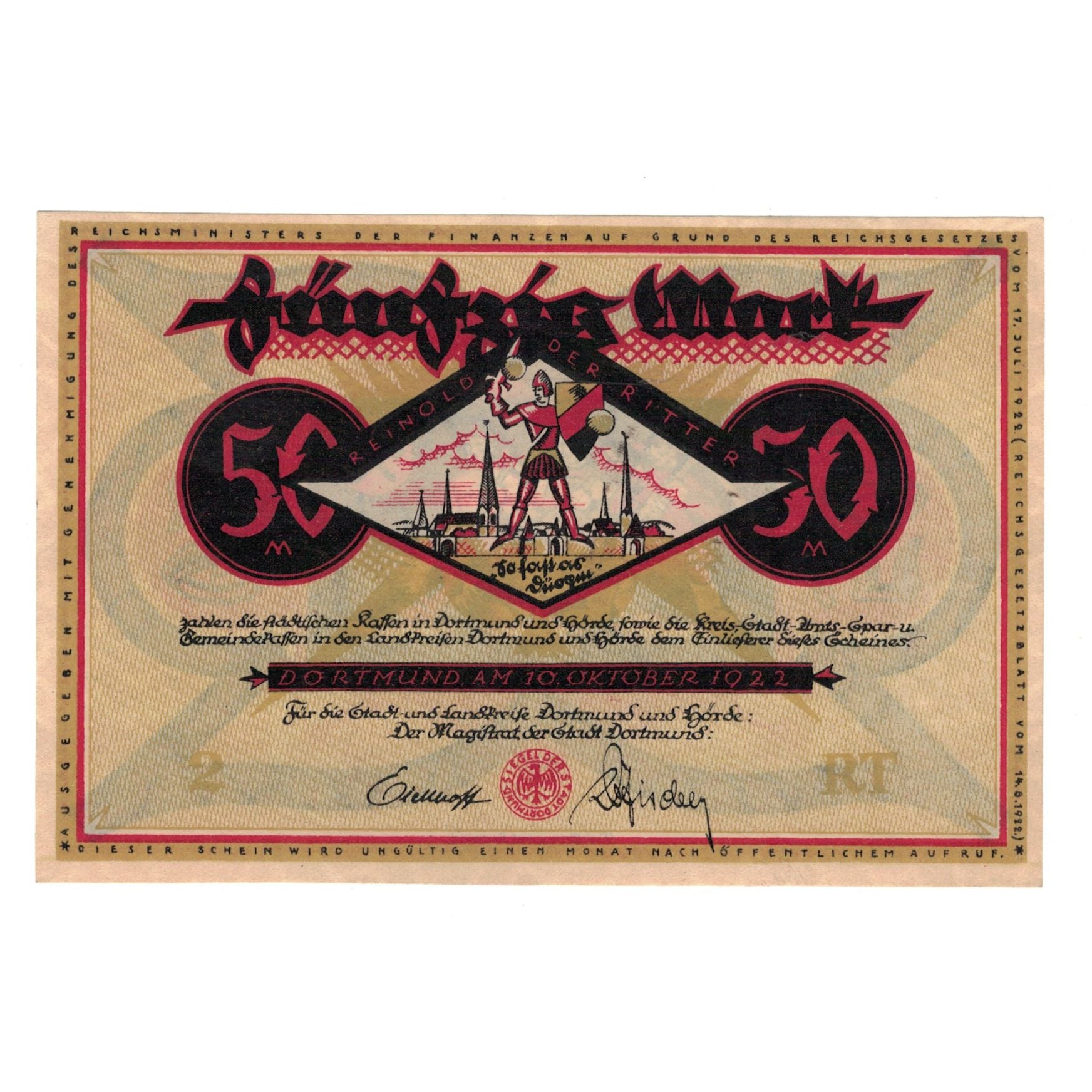 Banknote, Germany, Dortmund und Hörde Stadt und Landkreise, 50 Pfennig