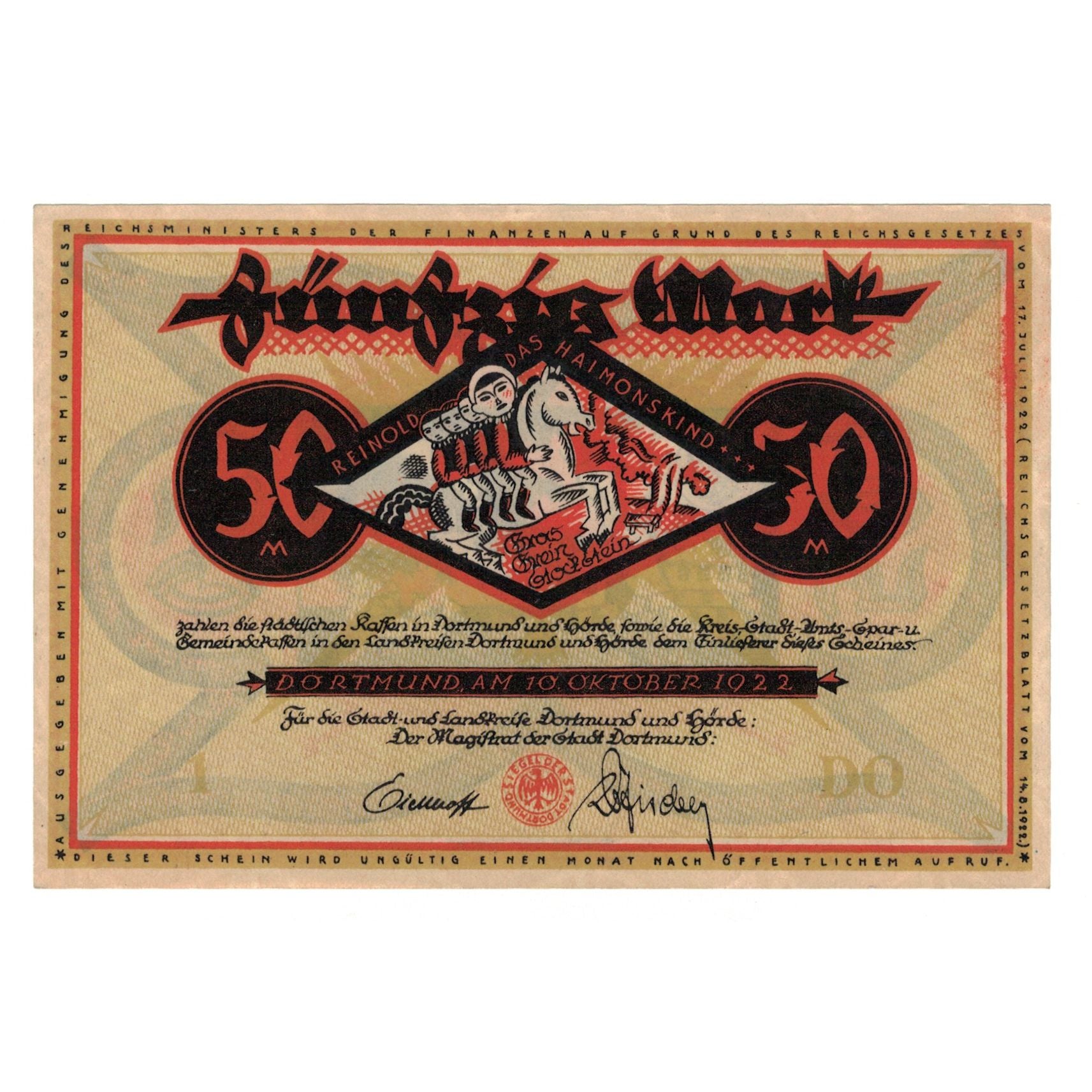 Banknote, Germany, Dortmund und Hörde Stadt und Landkreise, 50 Pfennig