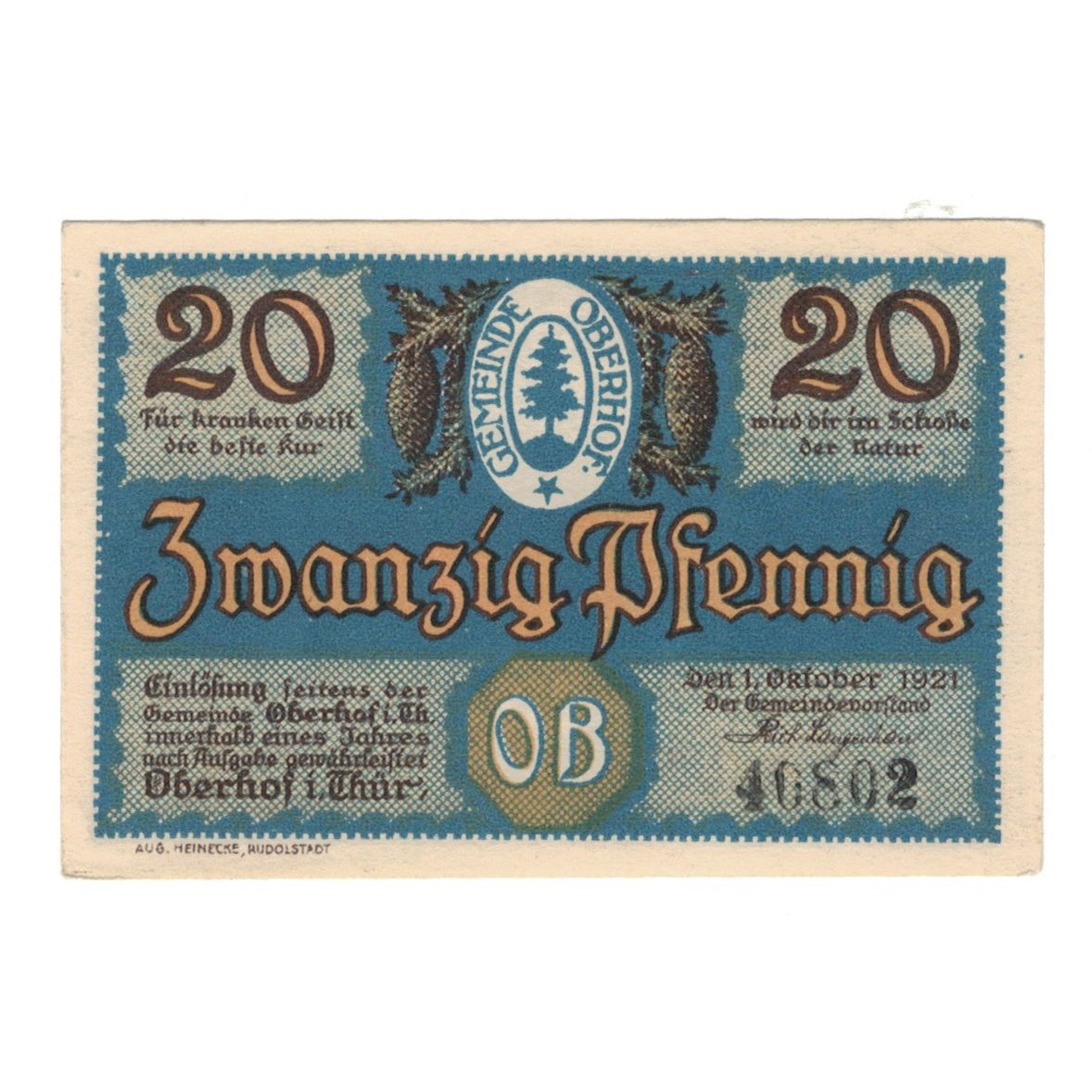Banknote, Germany, Oberhof Gemeinde, 20 Pfennig, fontaine, 1921, 1921-10-01