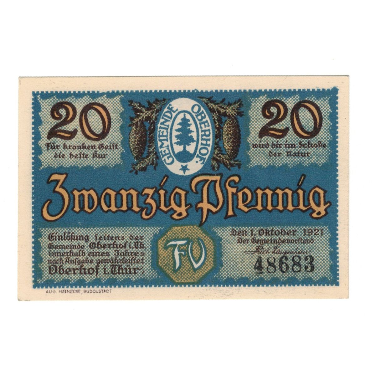 Banknote, Germany, Oberhof Gemeinde, 20 Pfennig, Fontaine 1, 1921, 1921-10-01