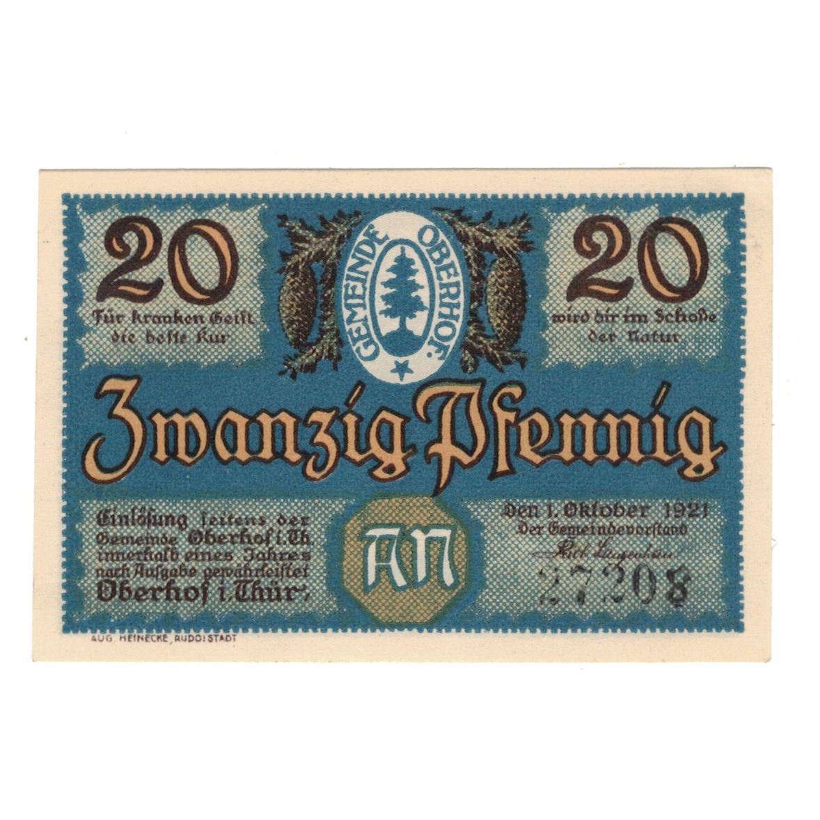 Banknote, Germany, Oberhof Gemeinde, 20 Pfennig, Fontaine 2, 1921, 1921-10-01