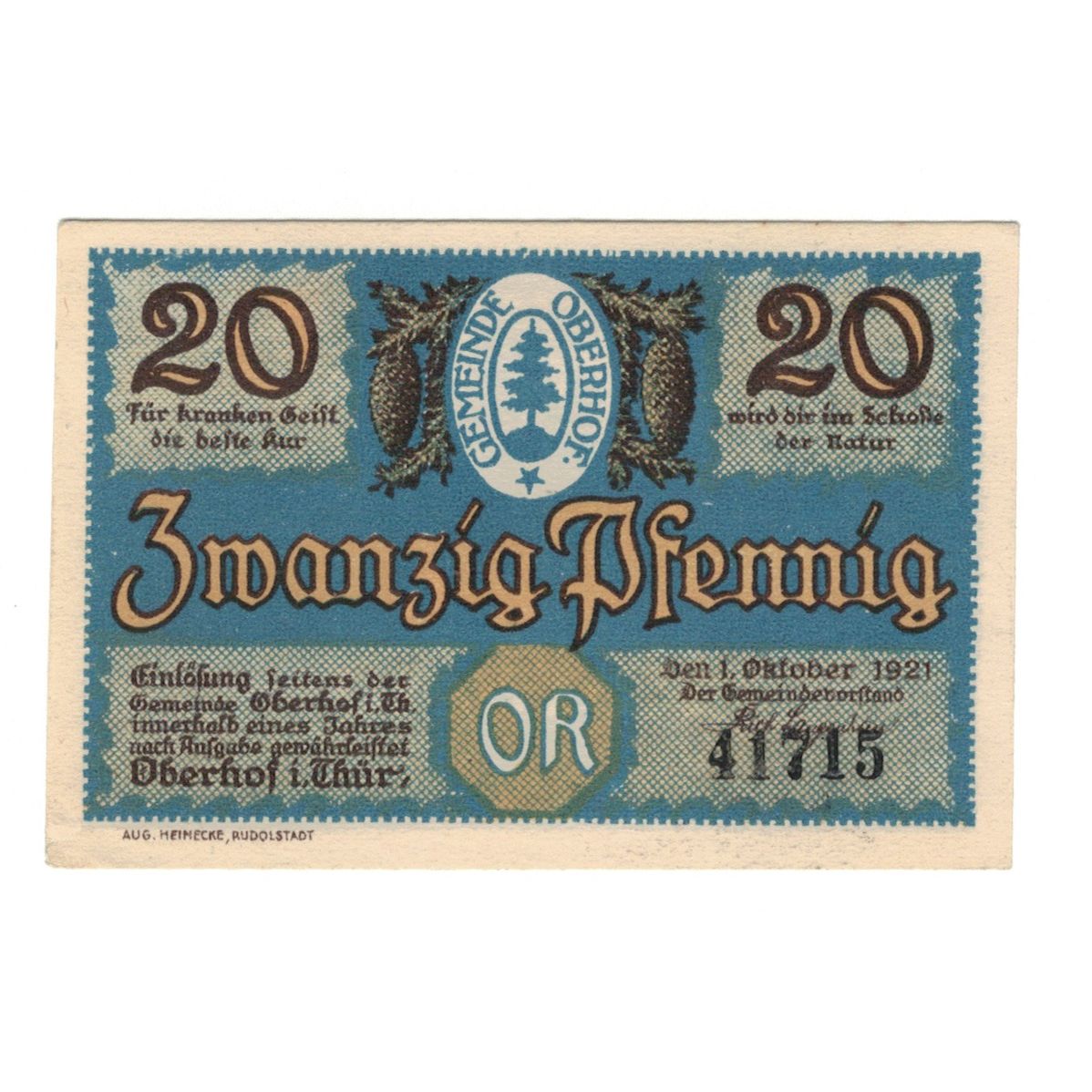 Banknote, Germany, Oberhof Gemeinde, 20 Pfennig, Fontaine 3, 1921, 1921-10-01