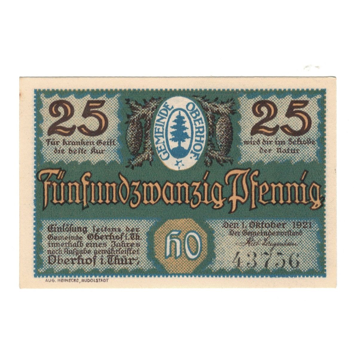 Banknote, Germany, Oberhof Gemeinde, 25 Pfennig, personnage 1, 1921, 1921-10-01
