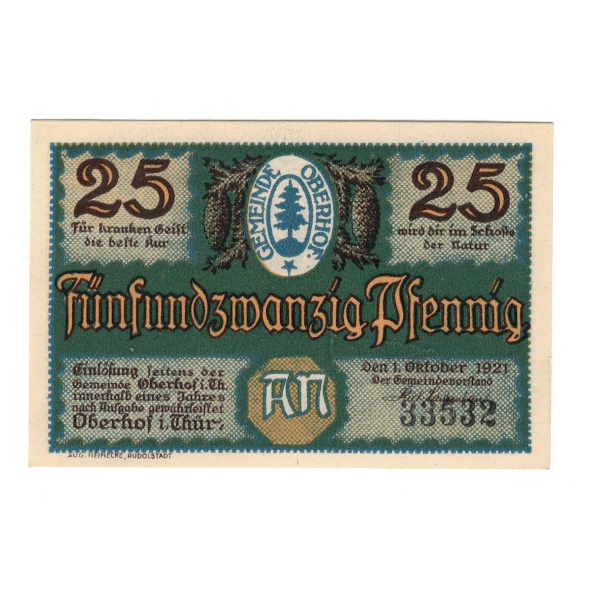 Banknote, Germany, Oberhof Gemeinde, 25 Pfennig, personnage 2, 1921, 1921-10-01