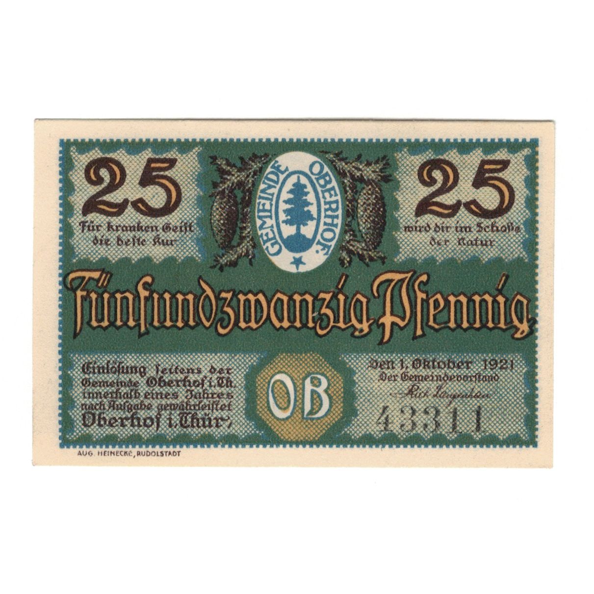 Banknote, Germany, Oberhof Gemeinde, 25 Pfennig, personnage 3, 1921, 1921-10-01