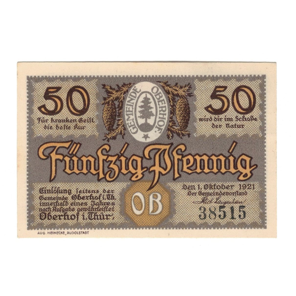 Biljet, Duitsland, Oberhof Gemeinde, 50 Pfennig, Cheval 2, 1921, 1921-10-01