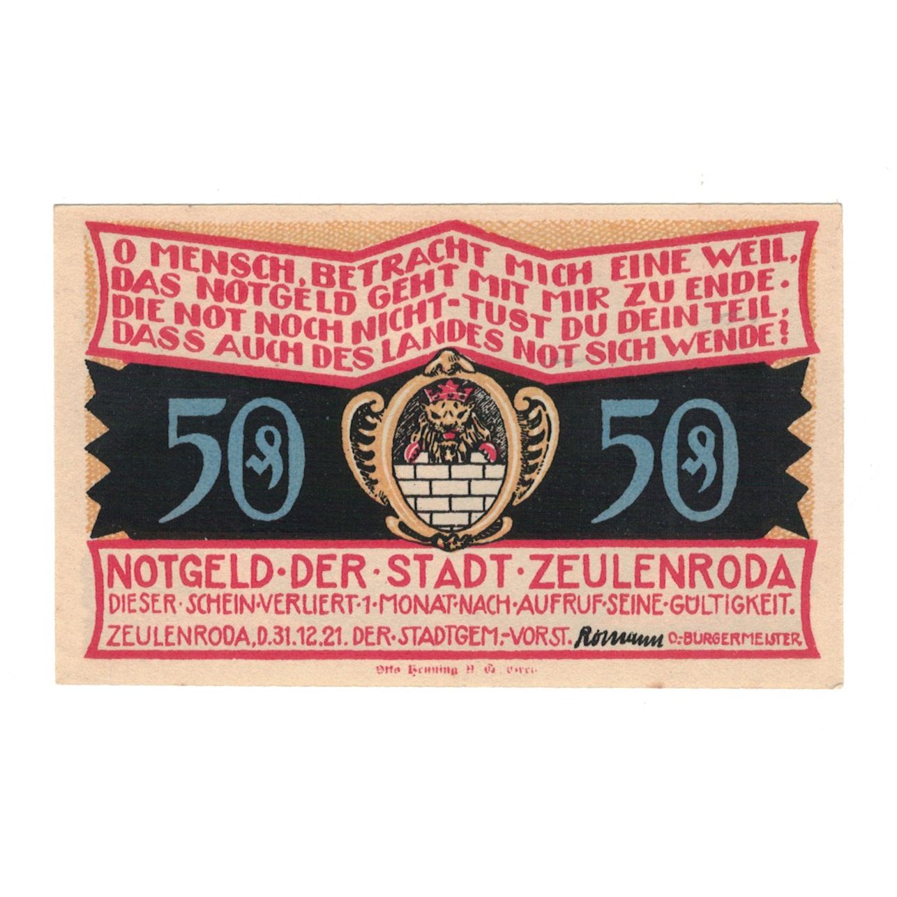 Billete, Alemania, Zeulenroda Stadt, 50 Pfennig, village, 1921, 1921-11-01, UNC