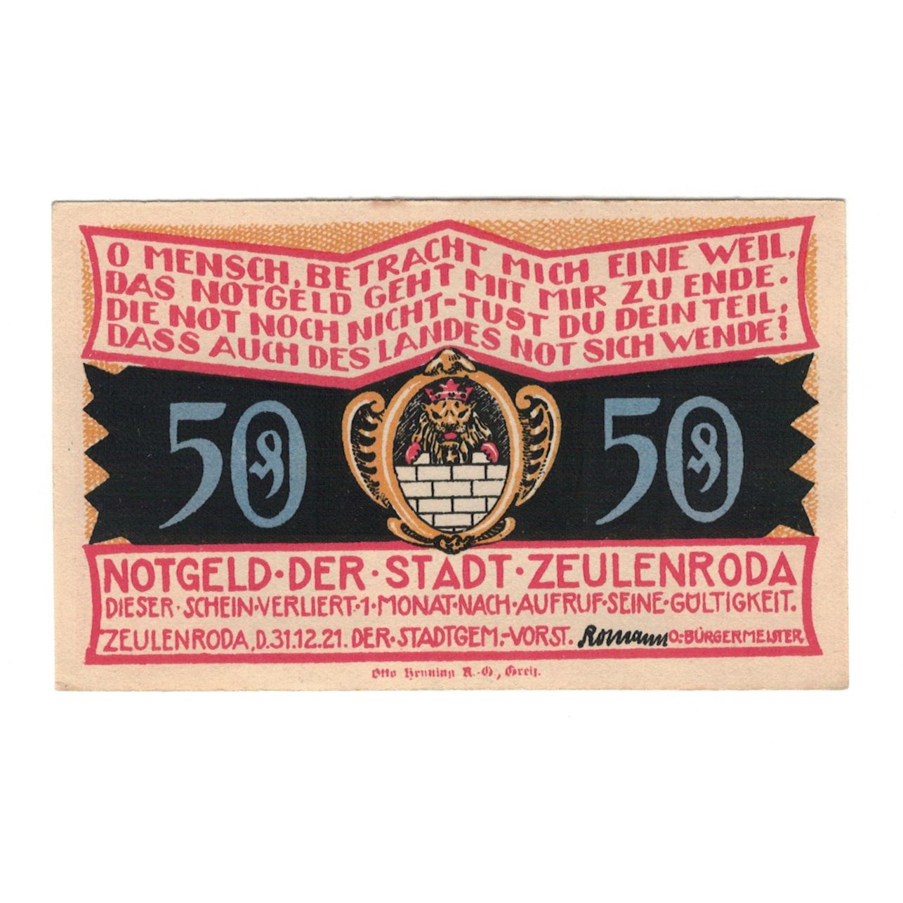 Banknote, Germany, Zeulenroda Stadt, 50 Pfennig, maison 1, 1921, 1921-11-01