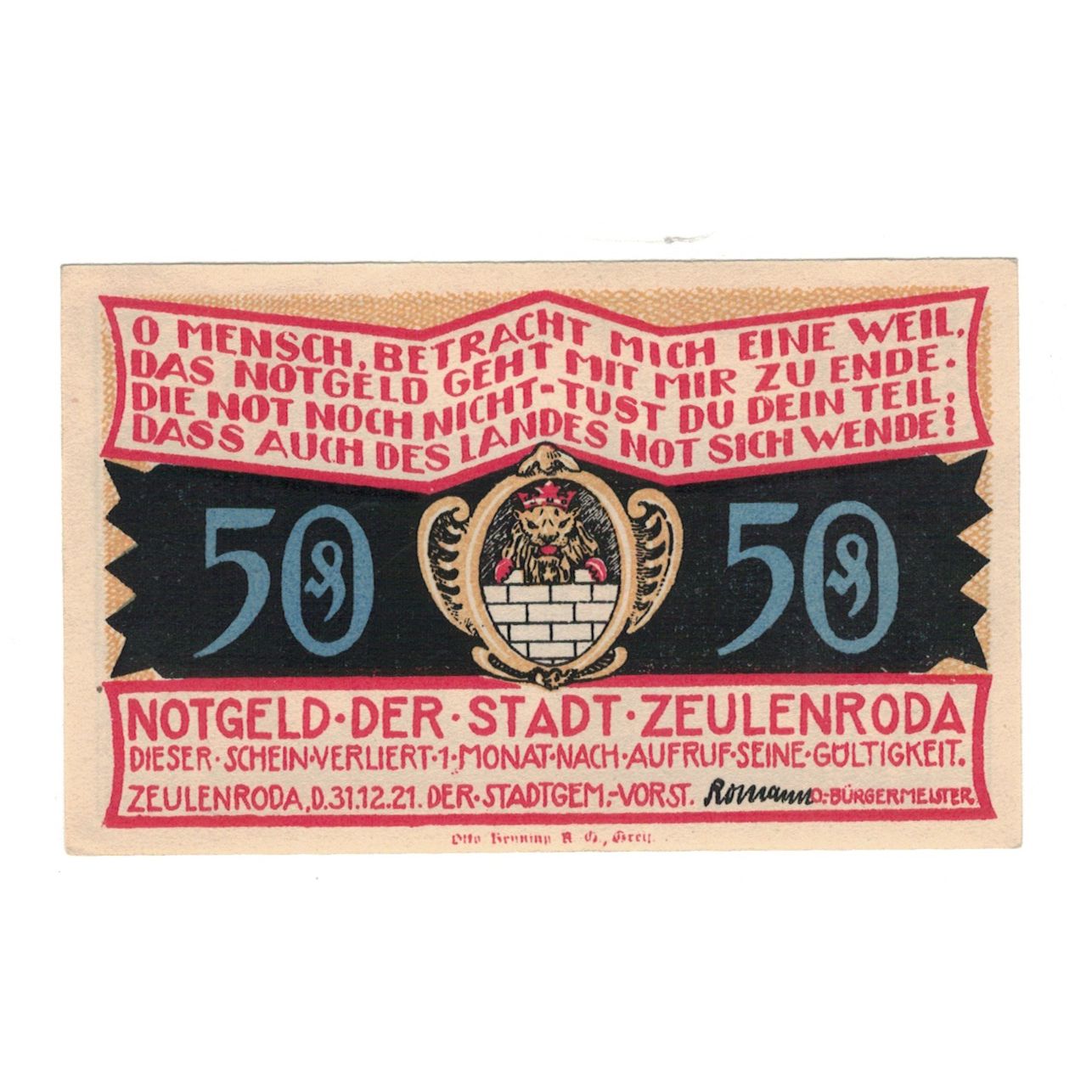 Banknote, Germany, Zeulenroda Stadt, 50 Pfennig, Eglise, 1921, 1921-11-01