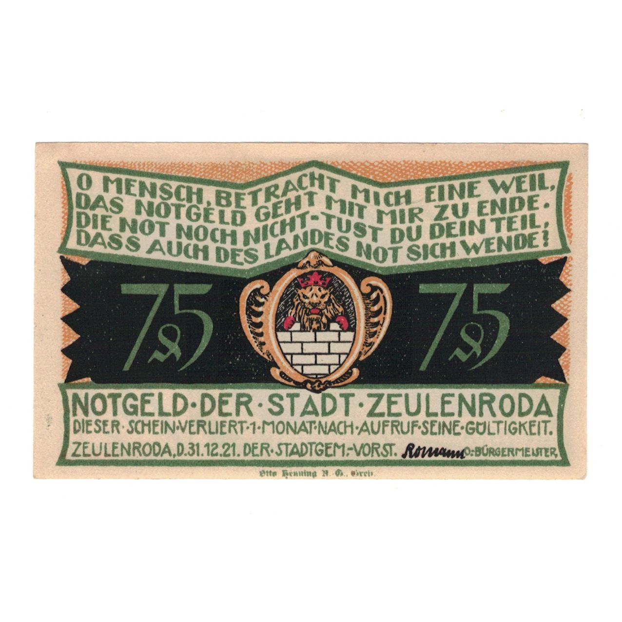 Banknot, Niemcy, Zeulenroda Stadt, 75 Pfennig, personnage, 1921, 1921-11-01