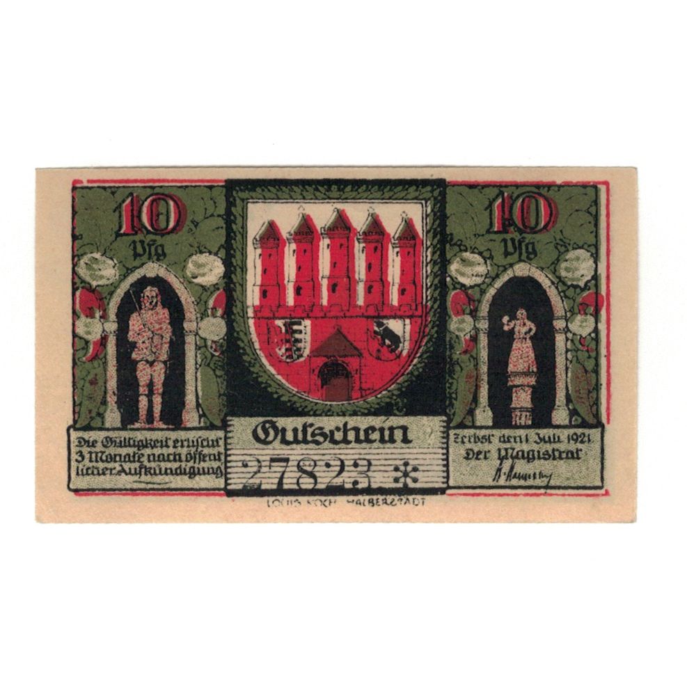 Banknote, Germany, Zerbst Stadt, 10 Pfennig, Batiment, 1921, 1921-07-01