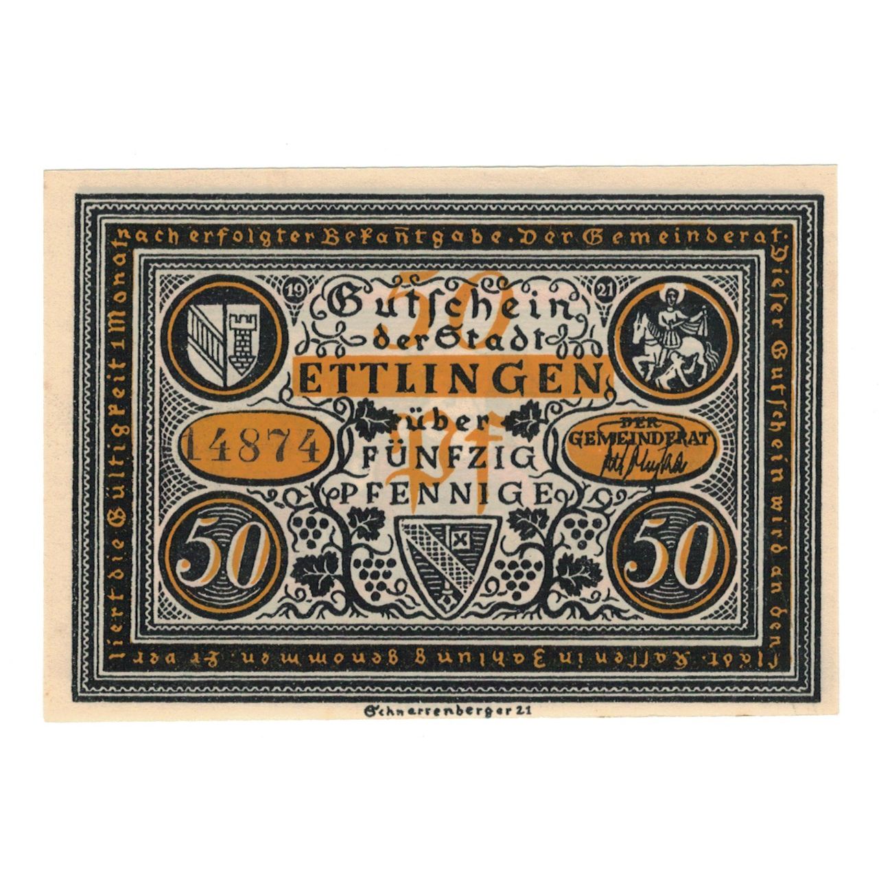 Banknote, Germany, Ettlingen Stadt, 50 Pfennig, personnage, 1921, UNC(65-70)