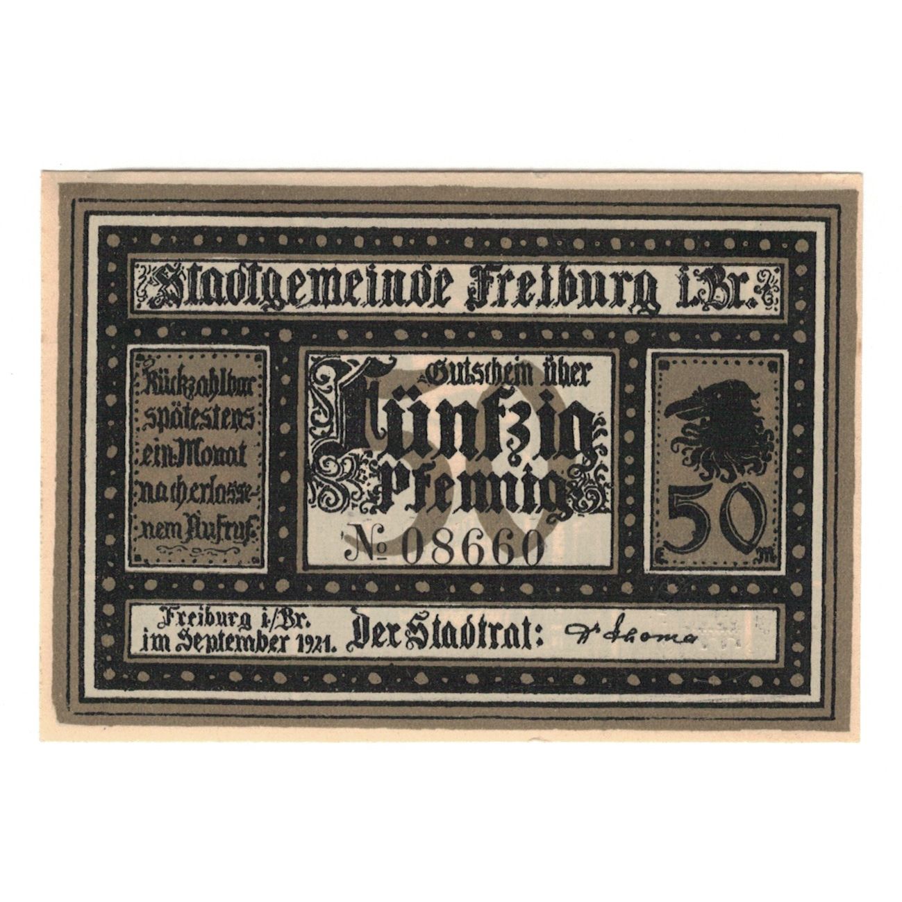 Banknote, Germany, Freiburg i. Br. Stadt, 50 Pfennig, rue, 1921, UNC(65-70)